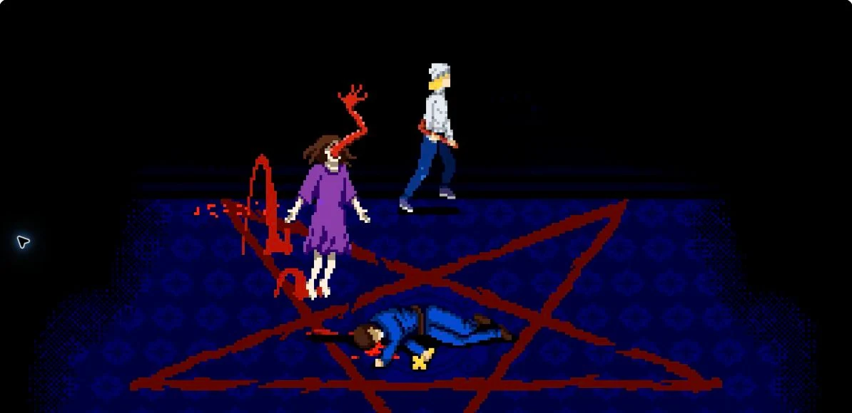 Amy y Julia en la arena oscura del pentagrama, con John caído y una púa roja que emerge