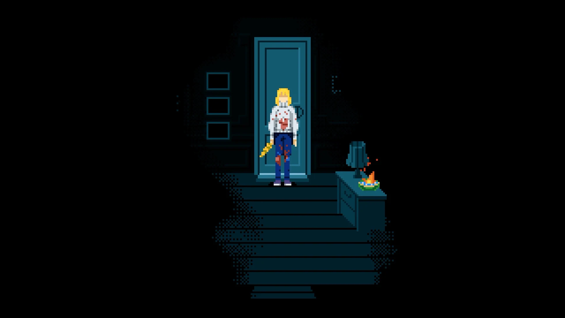 Marked locked hotel door with Julia beside the nearby save point
