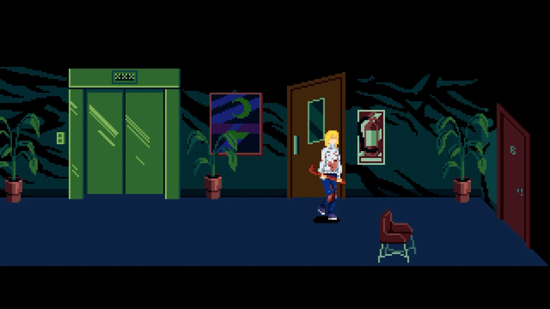 Altered second-floor apartment hallway with a green elevator, vegetation and a chair