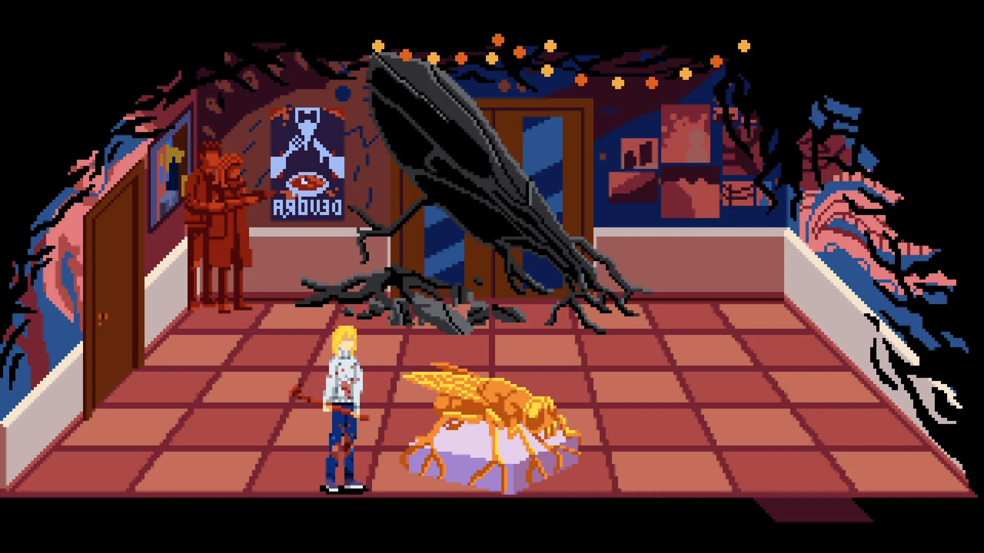 Julia beside a fully gold fly statue on the community hall's tile floor, with the large fly structure behind it