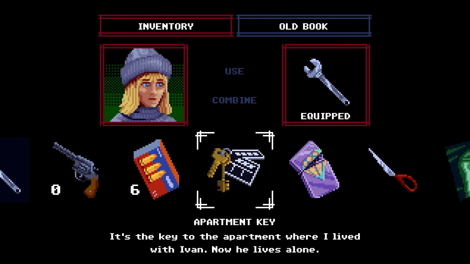 Julia and the inventory interface in an official Tenebris Somnia screenshot