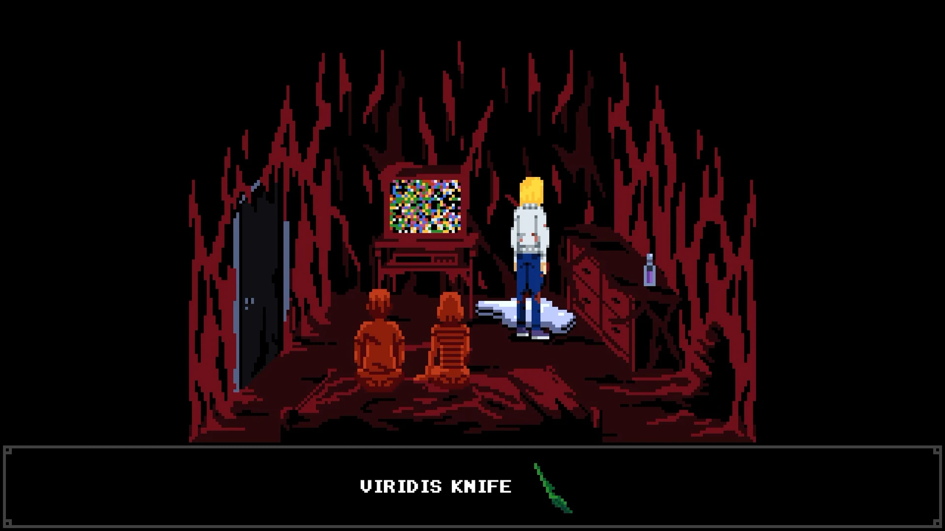 Desiderium room with two seated statues and a television, with Viridis Knife shown as the acquired item