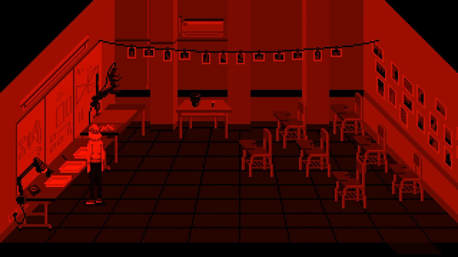 The photo-development workstations under red light