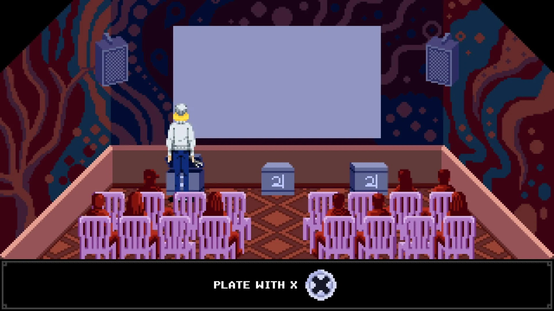 Three reward boxes below the theater screen; the first gives Plate with X