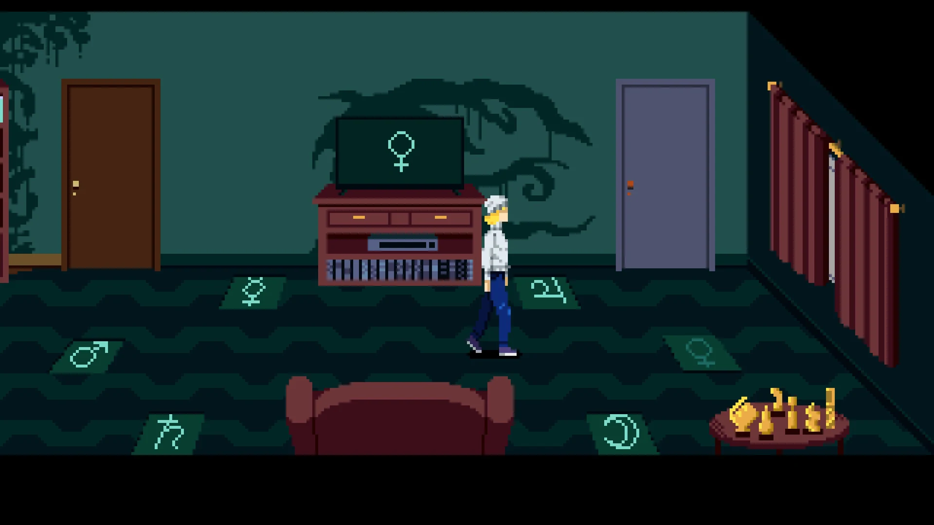 The television clue, planetary floor tiles and bedroom door in the Floor 2 apartment