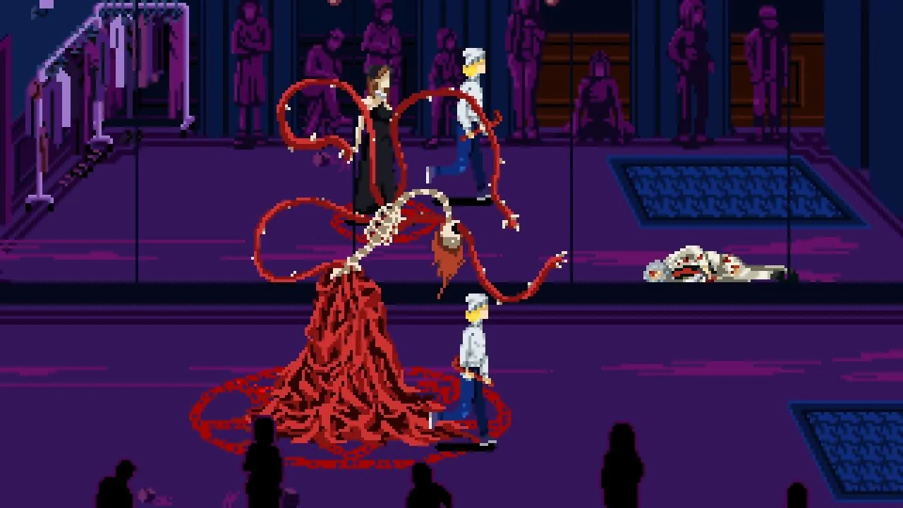 Red sigil beneath Vitria’s tentacled body, with Vitria and Julia reflected above